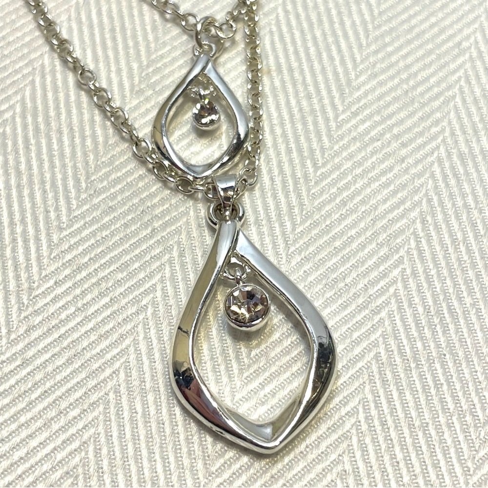 Elegant Silver Double Teardrop Pendant Necklace & Matching Earrings